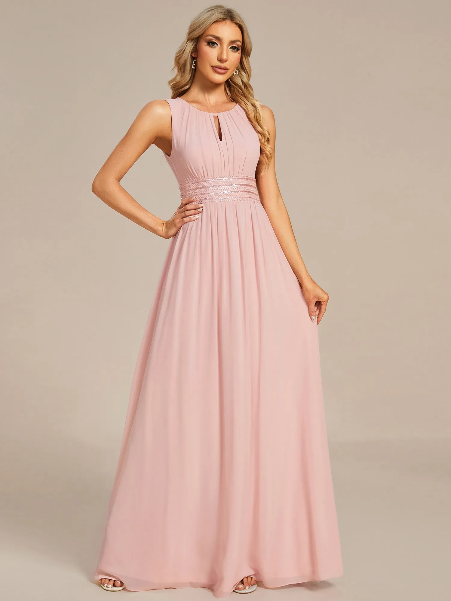 Maxi Long Chiffon Hollow Round Neck Decor Bridesmaids Dress