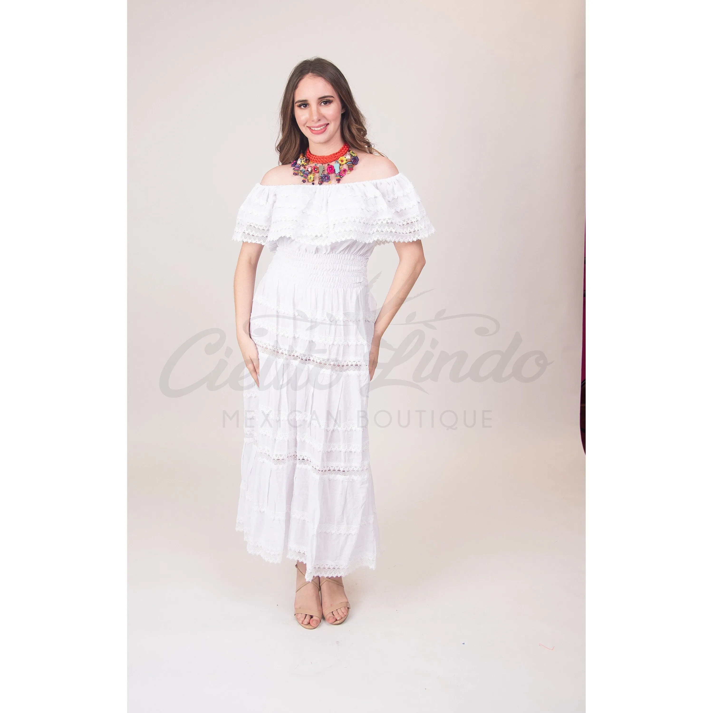 Mexican White Solid Maxi Dress Lace Off the Shoulder - Mexican Themed Wedding - Costume - Fiesta Mexicana - Mexico - One Size