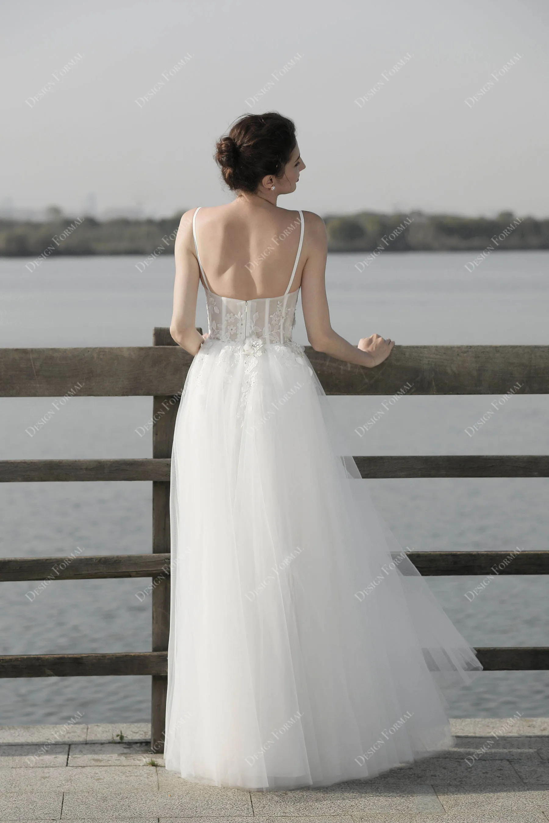 Modern Illusion Lace Corset Spaghetti Strap Floor-length Bridal Dress