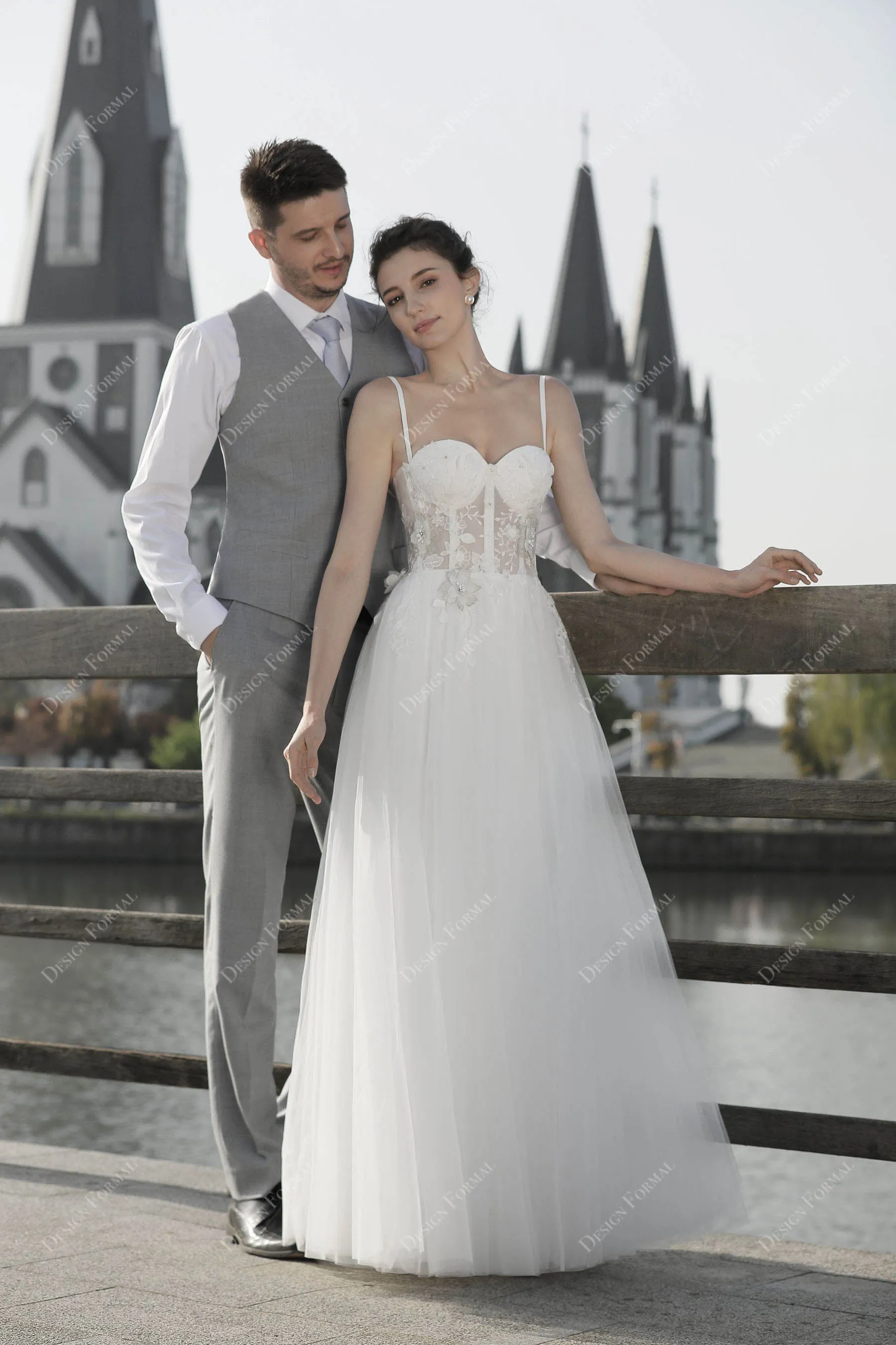 Modern Illusion Lace Corset Spaghetti Strap Floor-length Bridal Dress