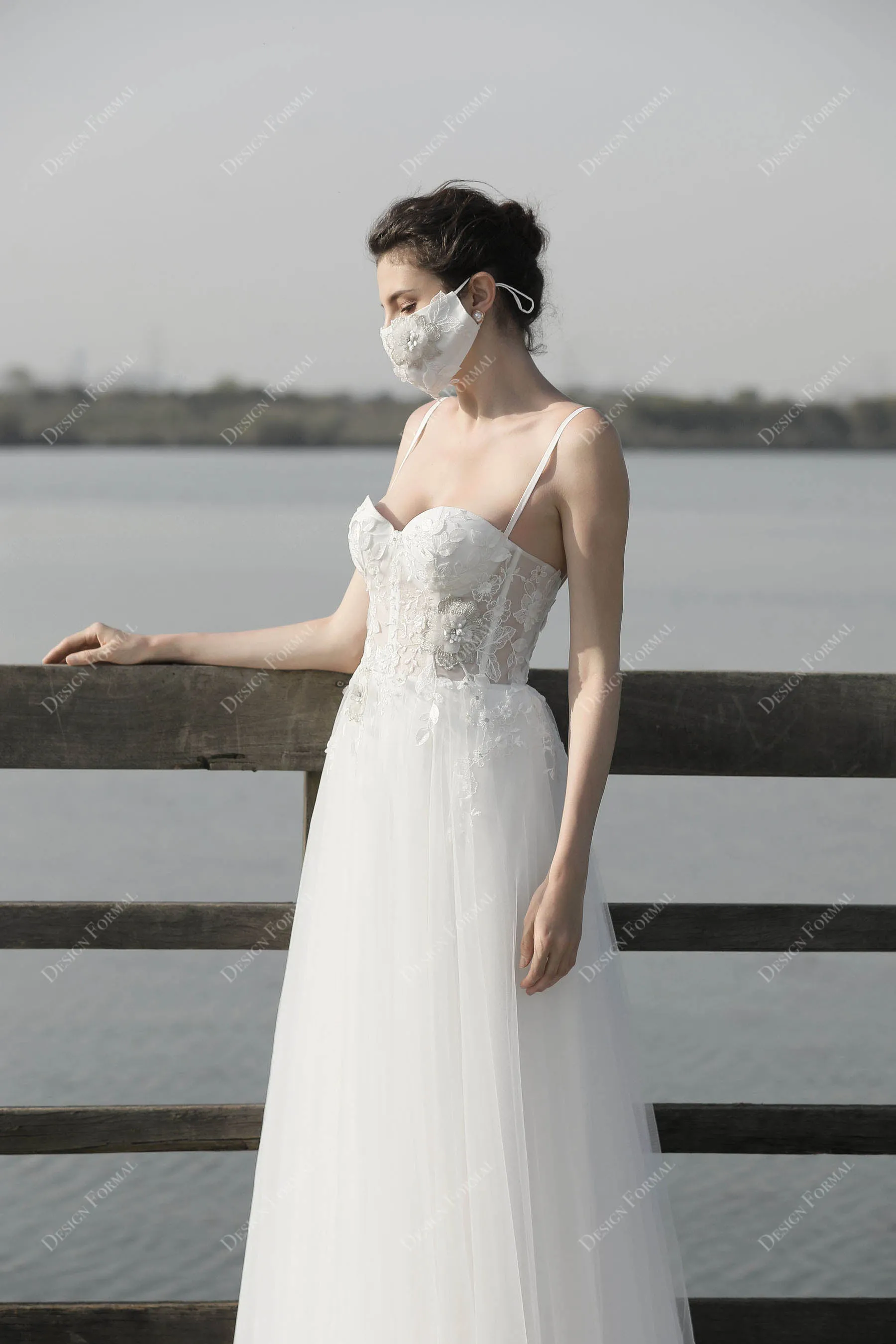 Modern Illusion Lace Corset Spaghetti Strap Floor-length Bridal Dress