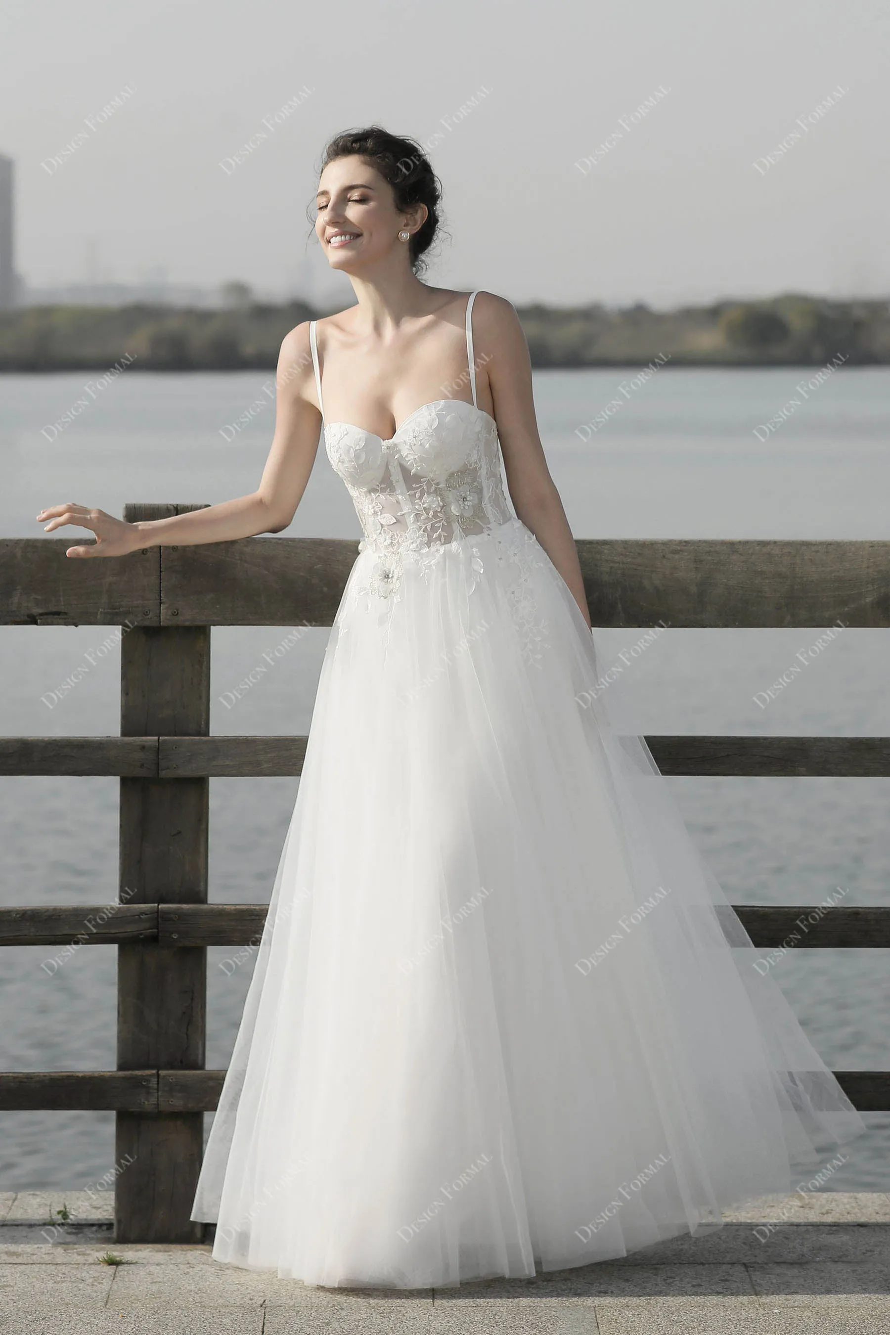 Modern Illusion Lace Corset Spaghetti Strap Floor-length Bridal Dress