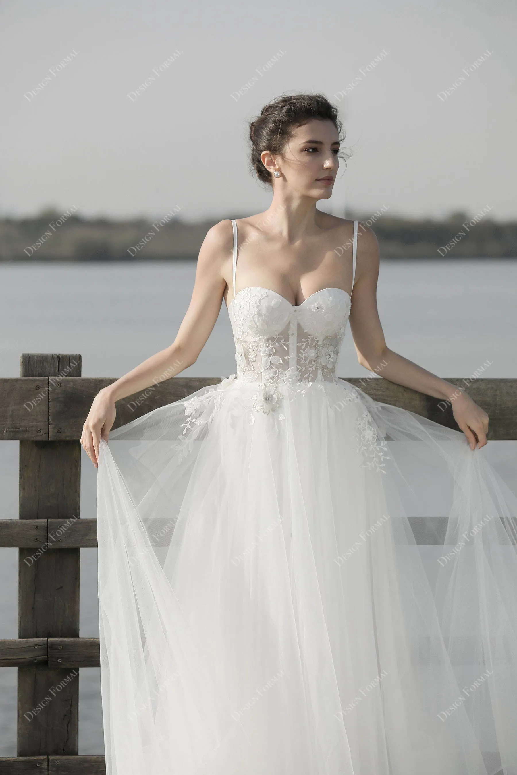 Modern Illusion Lace Corset Spaghetti Strap Floor-length Bridal Dress