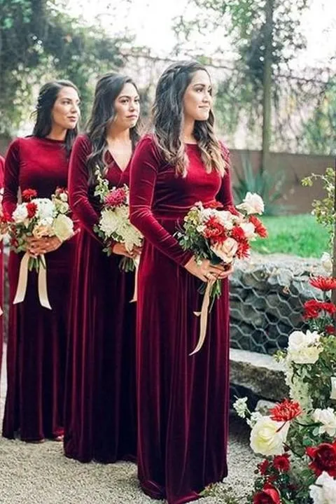 Modest Burgundy Bridesmaid Dresses with Long Sleeves