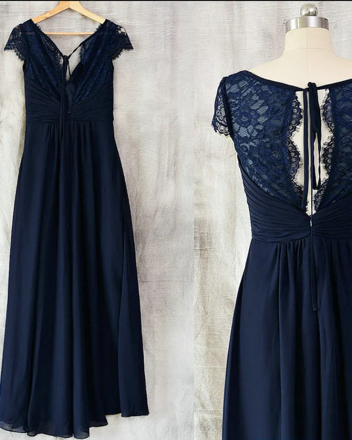 Navy Blue Chiffon with Lace A-line Long Bridesmaid Dress, Wedding Party Dress