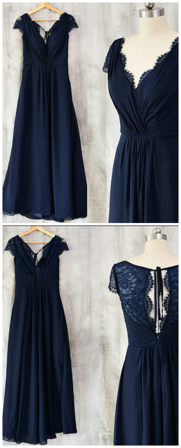 Navy Blue Chiffon with Lace A-line Long Bridesmaid Dress, Wedding Party Dress