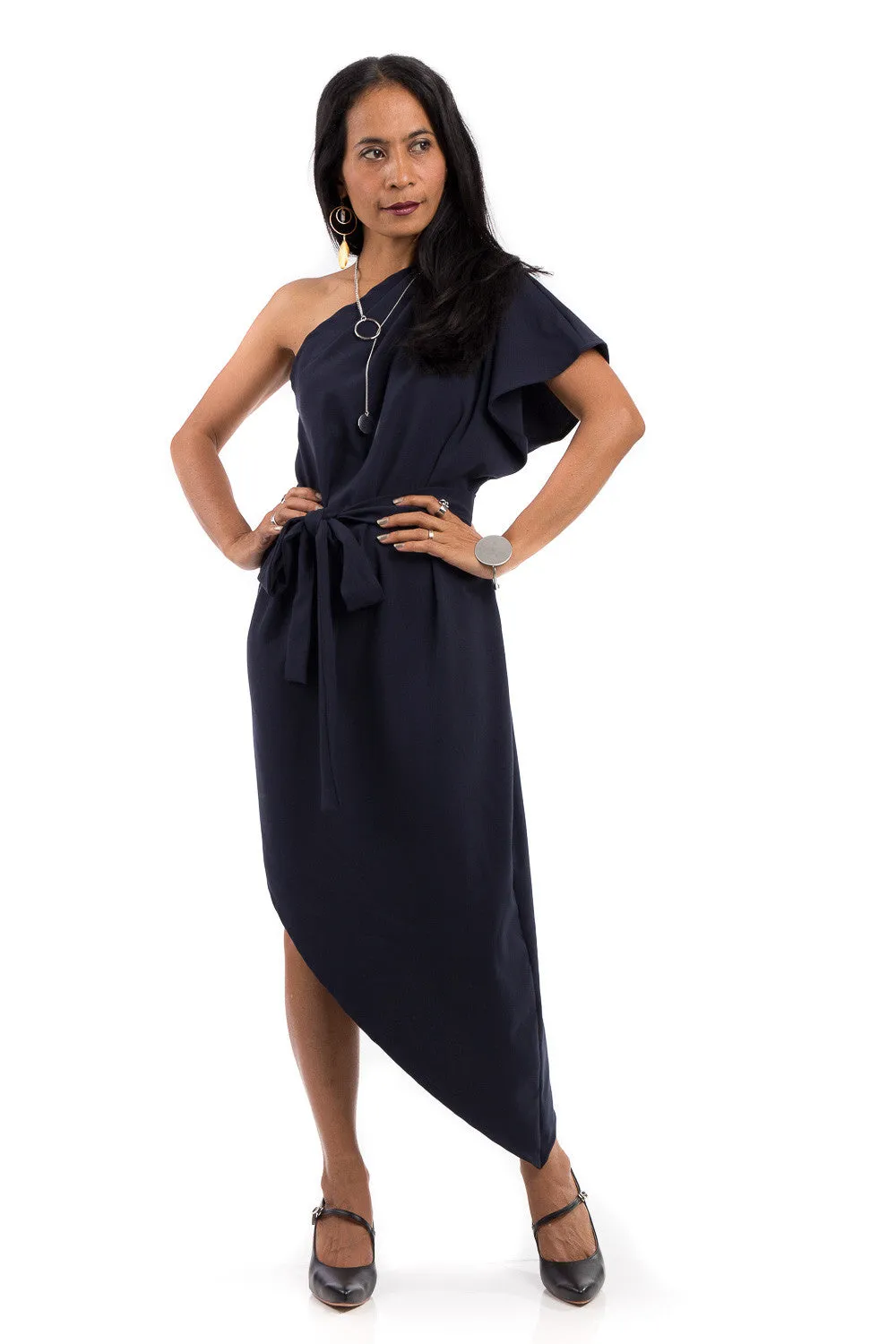 Navy Blue Sleeveless dress, one shoulder dress