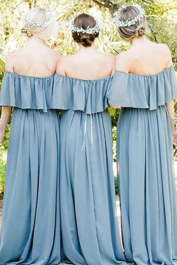 Off Shoulder Ruffles Pleated Gray Blue Bridesmaid Dress BD137