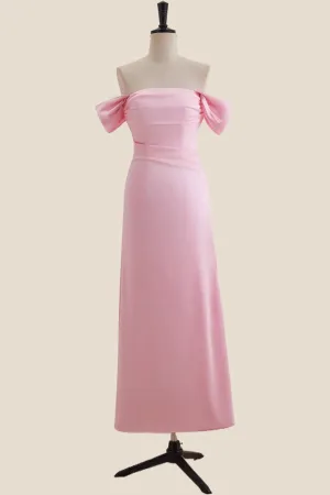 Off the Shoulder Pink Ruched Long Dress