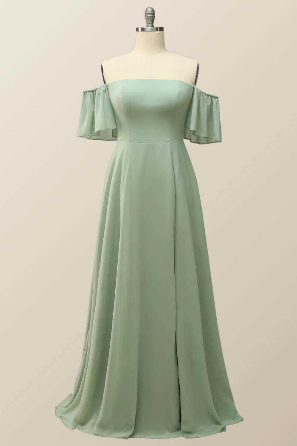 Off the Shoulder Sage Green Chiffon Long Bridesmaid Dress