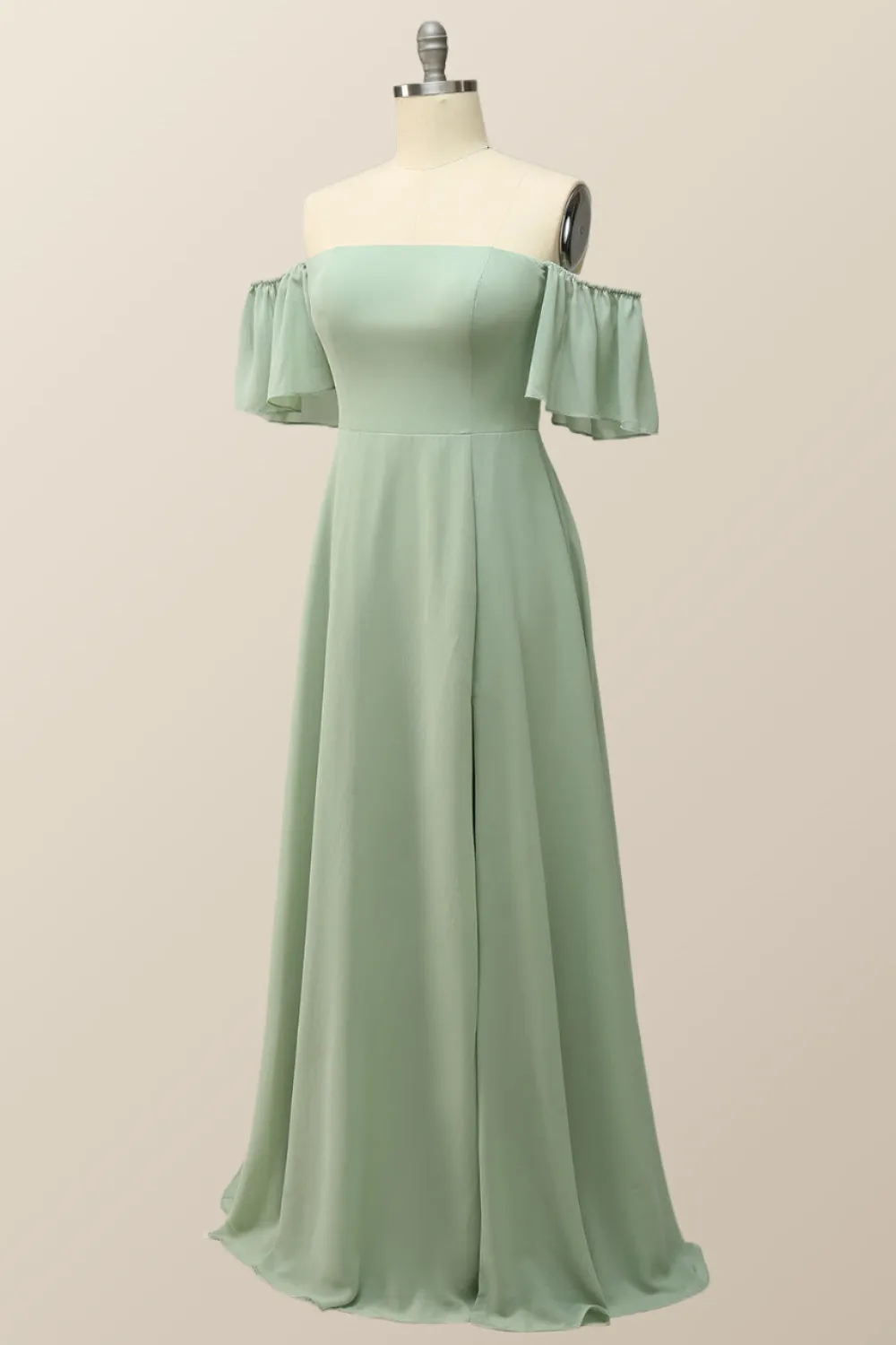 Off the Shoulder Sage Green Chiffon Long Bridesmaid Dress