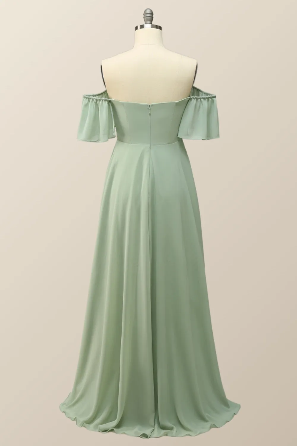 Off the Shoulder Sage Green Chiffon Long Bridesmaid Dress