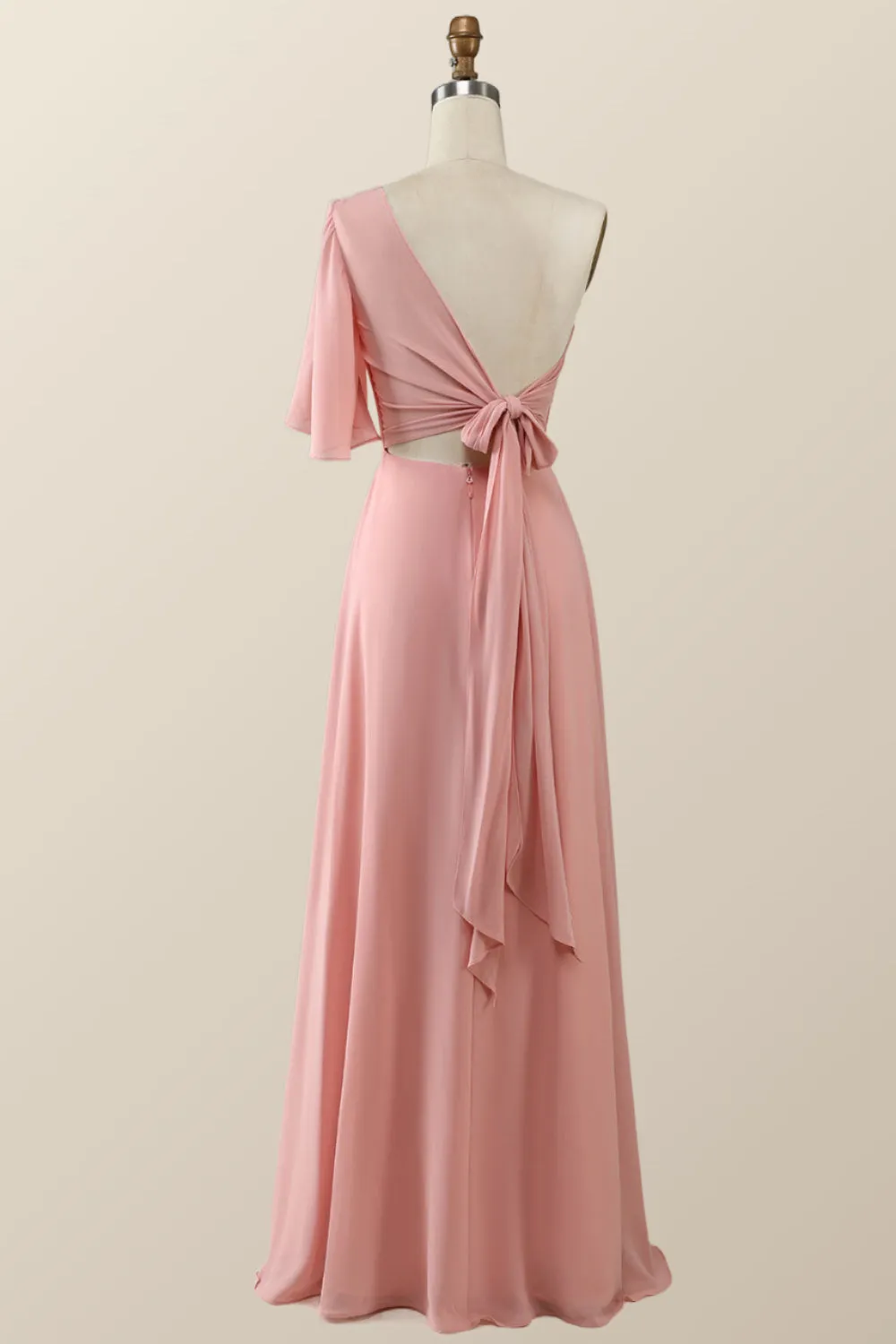 One Shoulder Blush Pink Chiffon Long Bridesmaid Dress