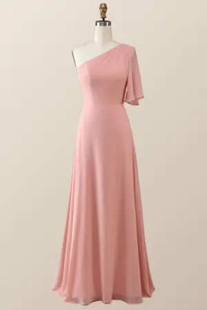 One Shoulder Blush Pink Chiffon Long Bridesmaid Dress