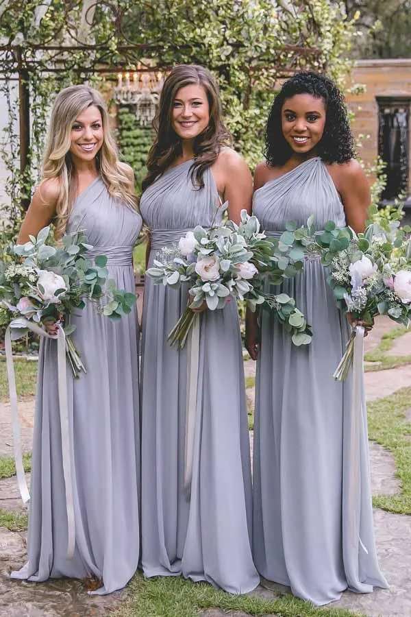 One-Shoulder Floor-Length Open Back Gray Chiffon Bridesmaid Dress BD037