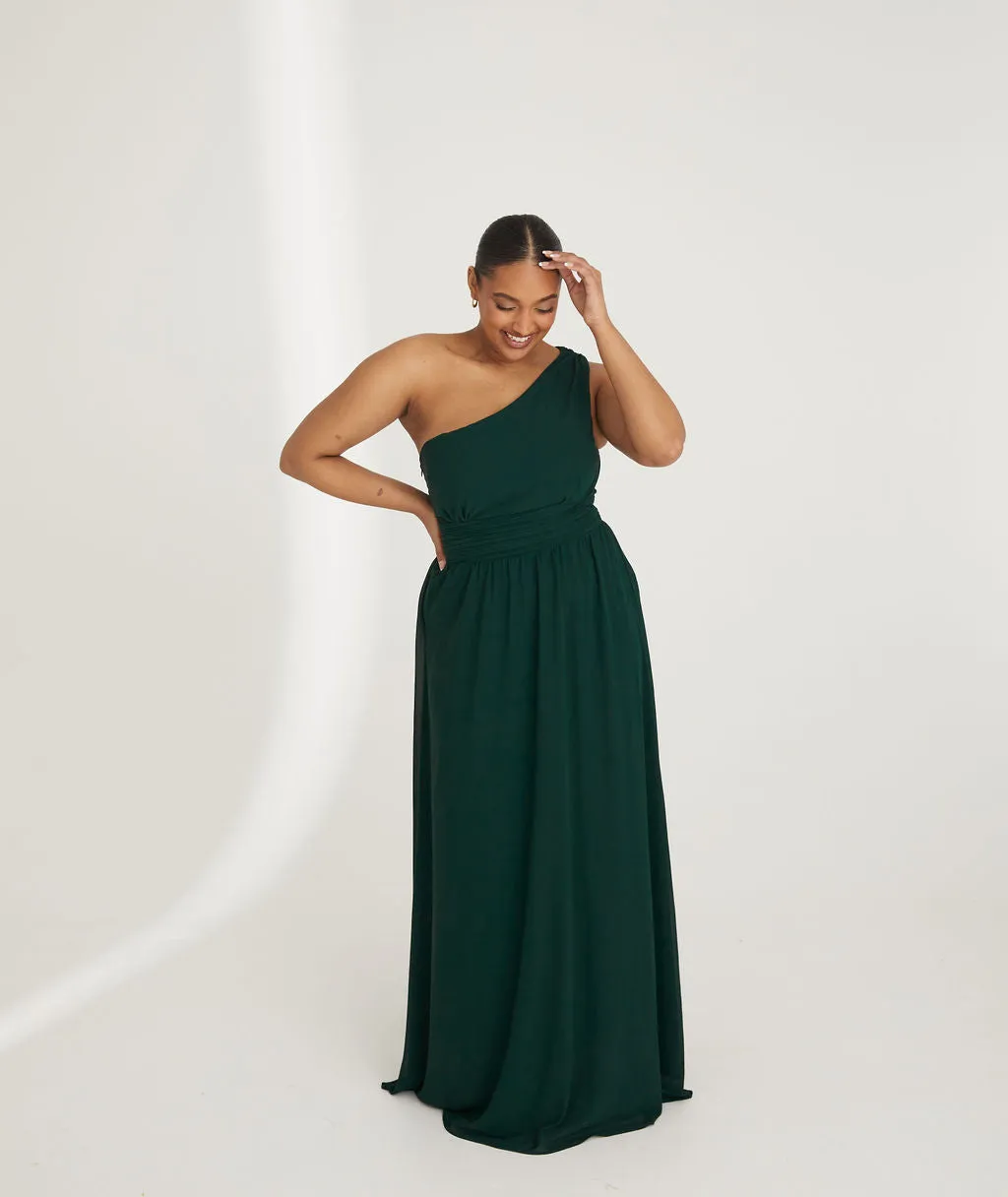 One Shoulder Pleated Waist Chiffon Bridesmaid Dress - Emerald