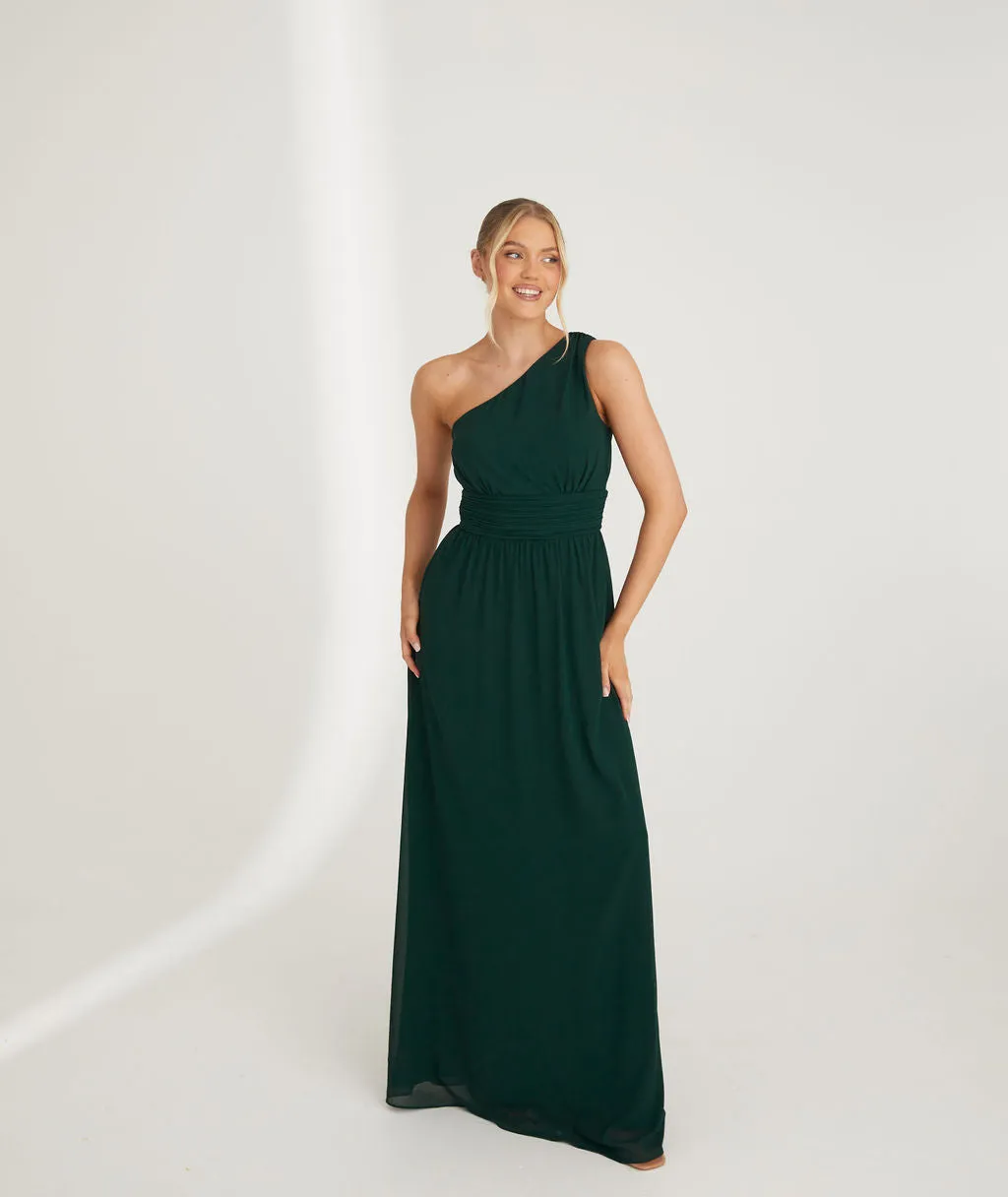 One Shoulder Pleated Waist Chiffon Bridesmaid Dress - Emerald