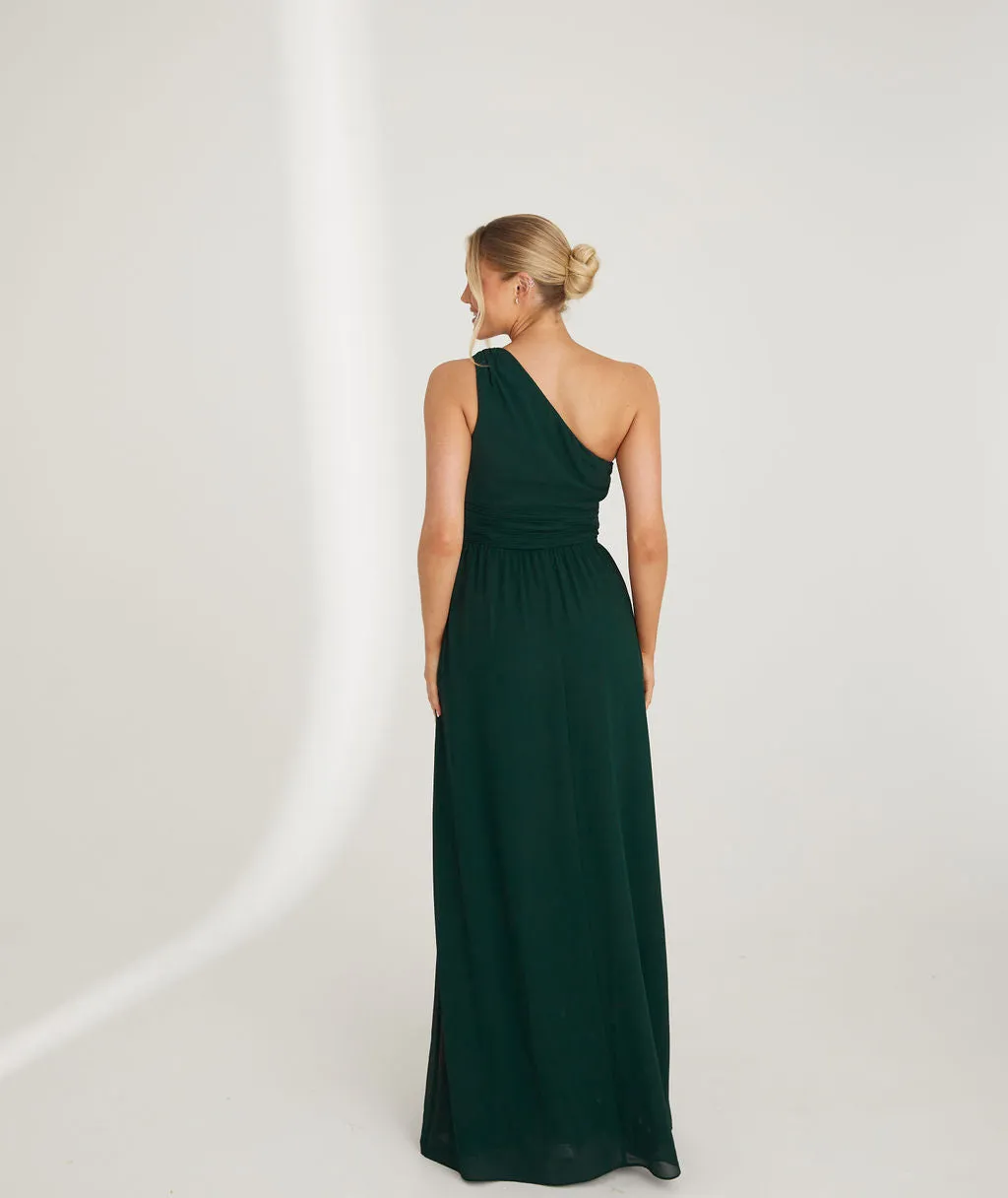 One Shoulder Pleated Waist Chiffon Bridesmaid Dress - Emerald