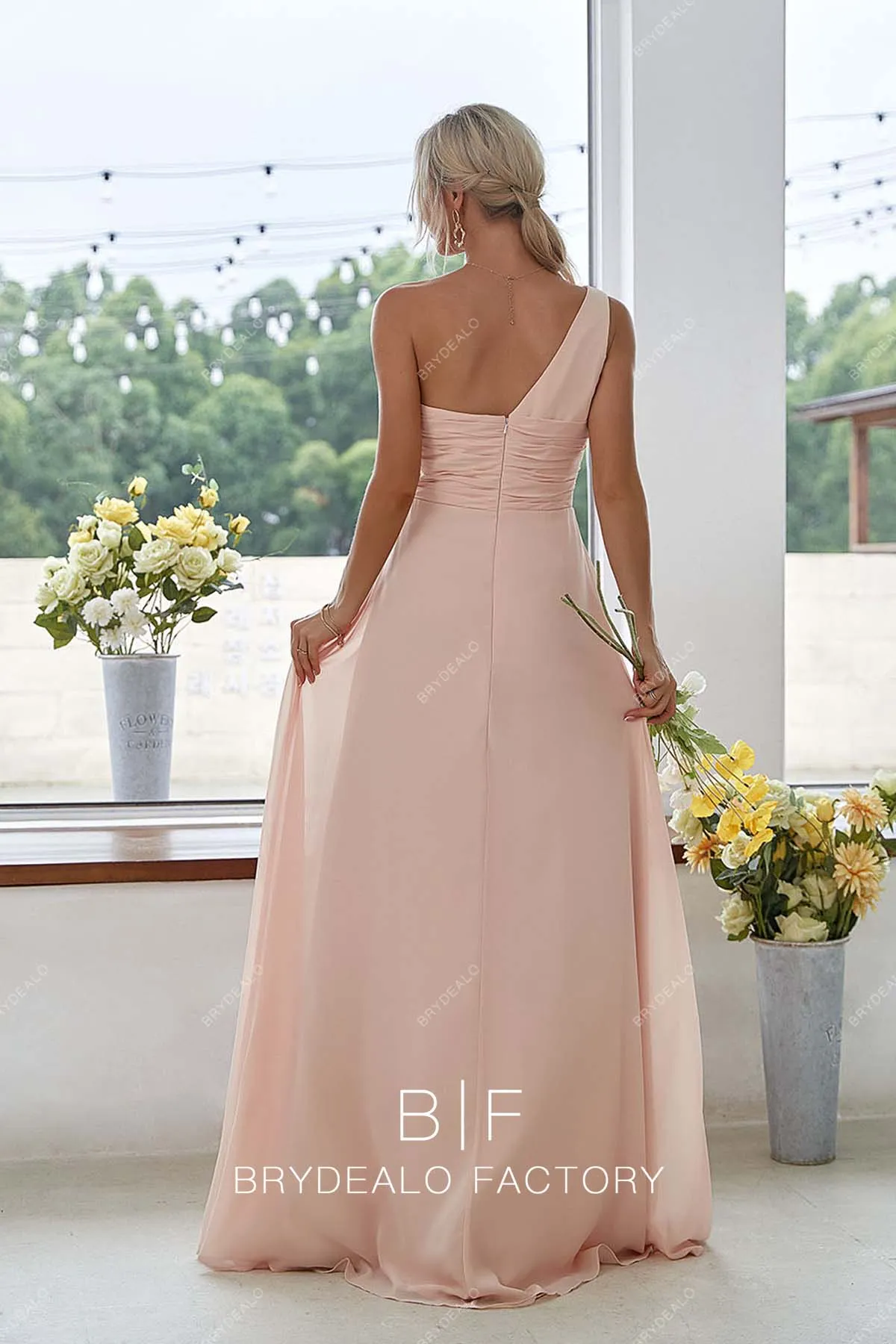 One Shoulder Unique Peach Chiffon Floor Length Slit Dress