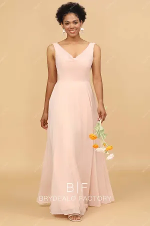 Pearl Pink Chiffon V-Neck Long Elegant Cowl Back Dress