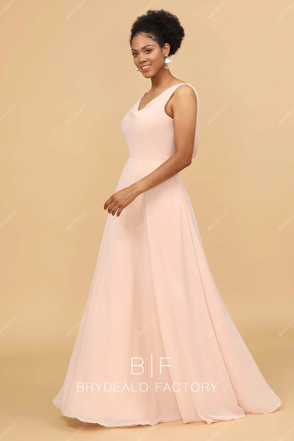 Pearl Pink Chiffon V-Neck Long Elegant Cowl Back Dress