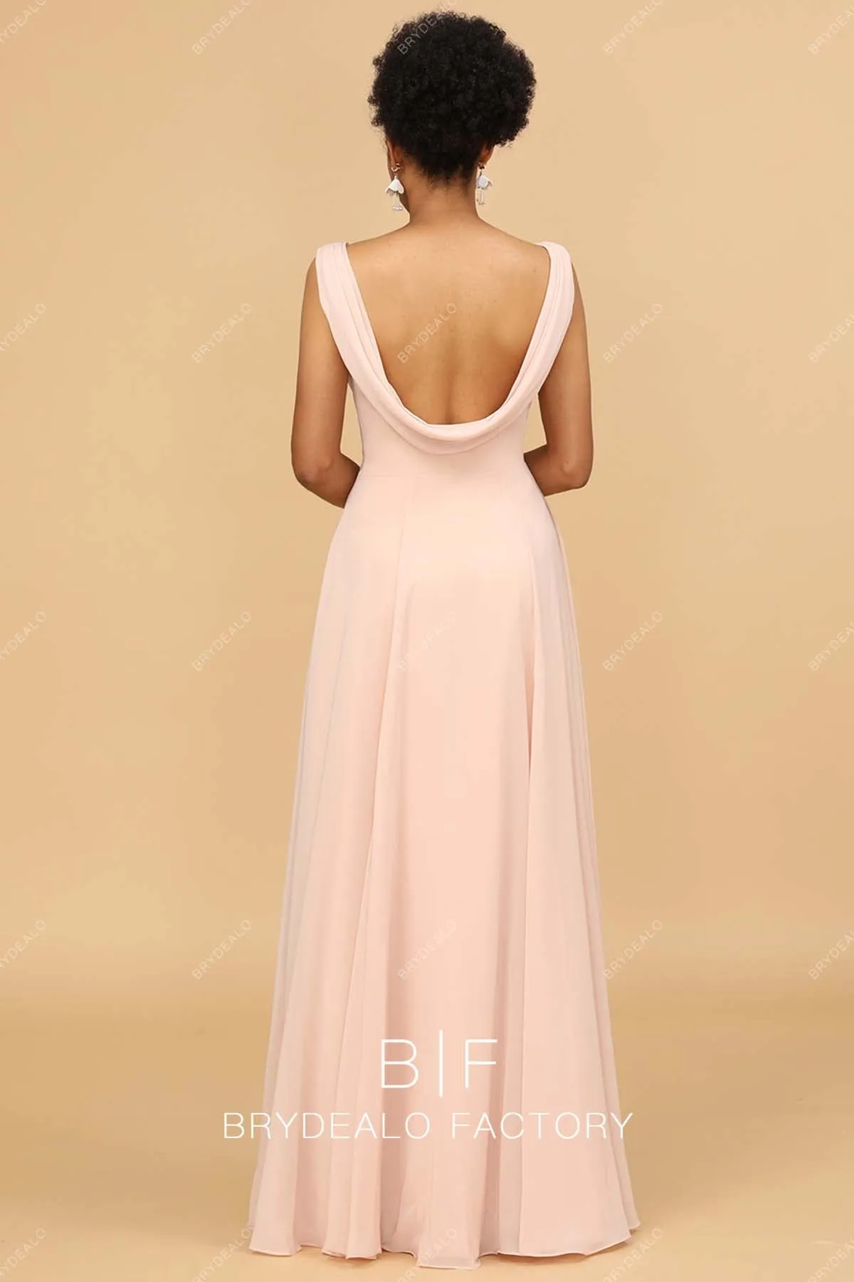 Pearl Pink Chiffon V-Neck Long Elegant Cowl Back Dress