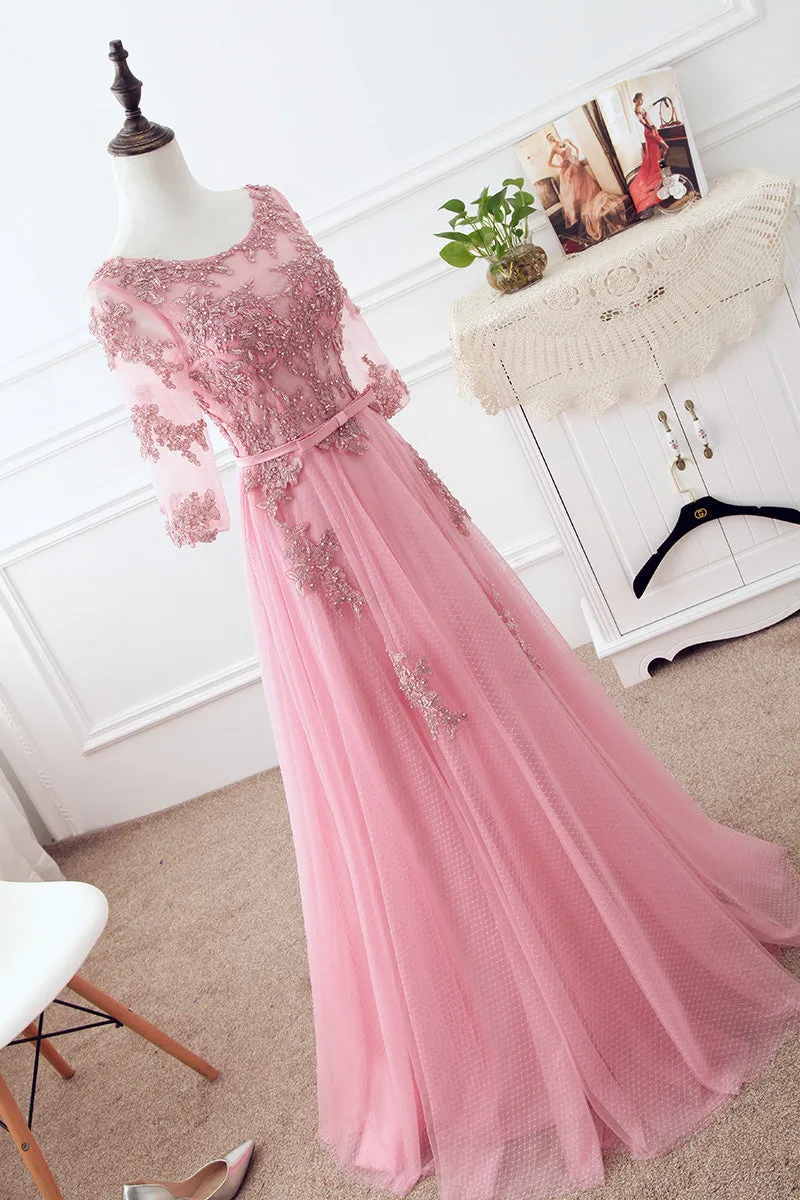 Pink Tulle Elegant Party Dress with Lace, Pink A-line Formal Dress Bridesmaid Dress