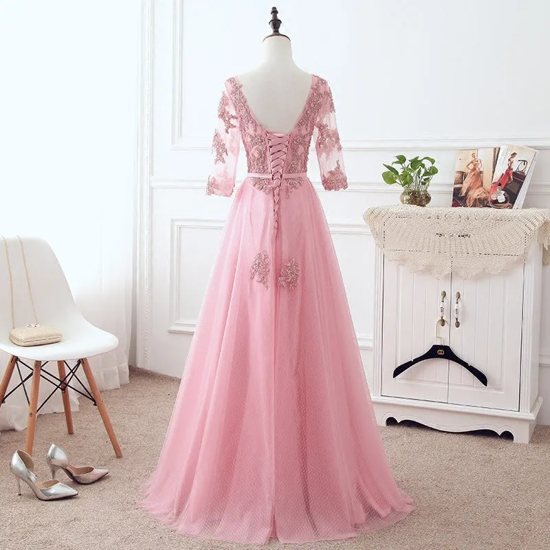 Pink Tulle Elegant Party Dress with Lace, Pink A-line Formal Dress Bridesmaid Dress