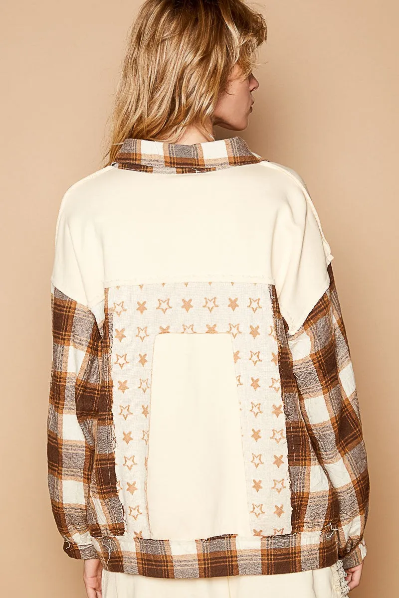 Plaid & Star Patchwork Contrast Long Sleeve Shacket