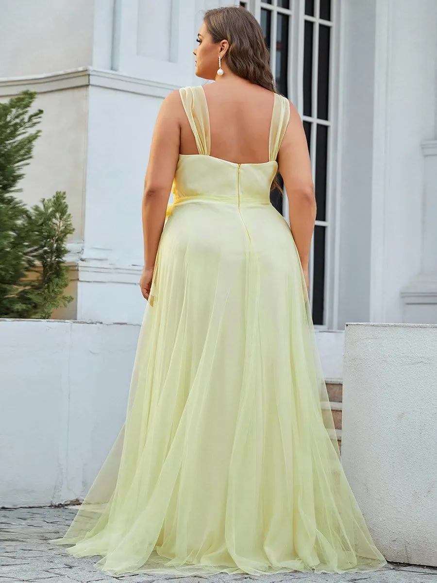 Plus Size Double V Neck Maxi Tulle Bridesmaid Dress