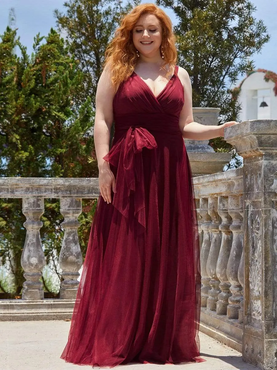 Plus Size Double V Neck Maxi Tulle Bridesmaid Dress