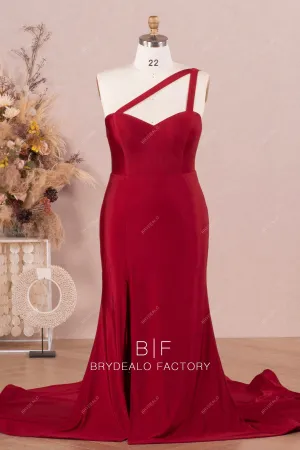 Plus Size One-Shoulder Burgundy Jersey Slit Fit and Flare Dress