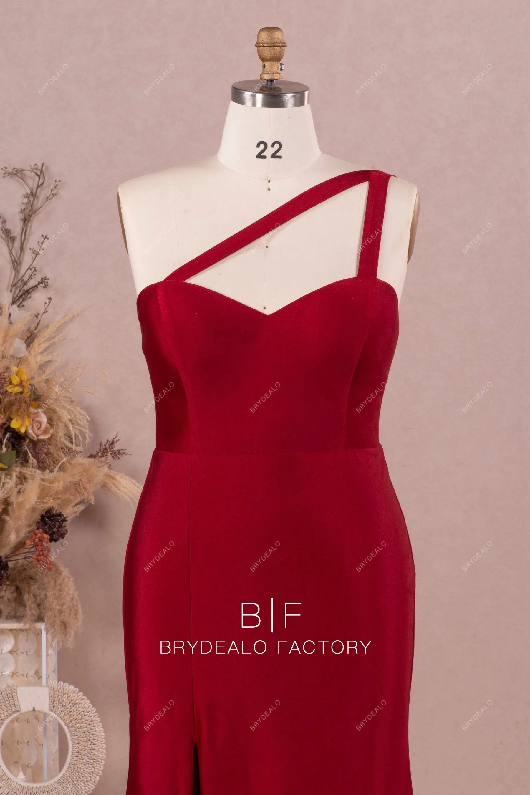 Plus Size One-Shoulder Burgundy Jersey Slit Fit and Flare Dress