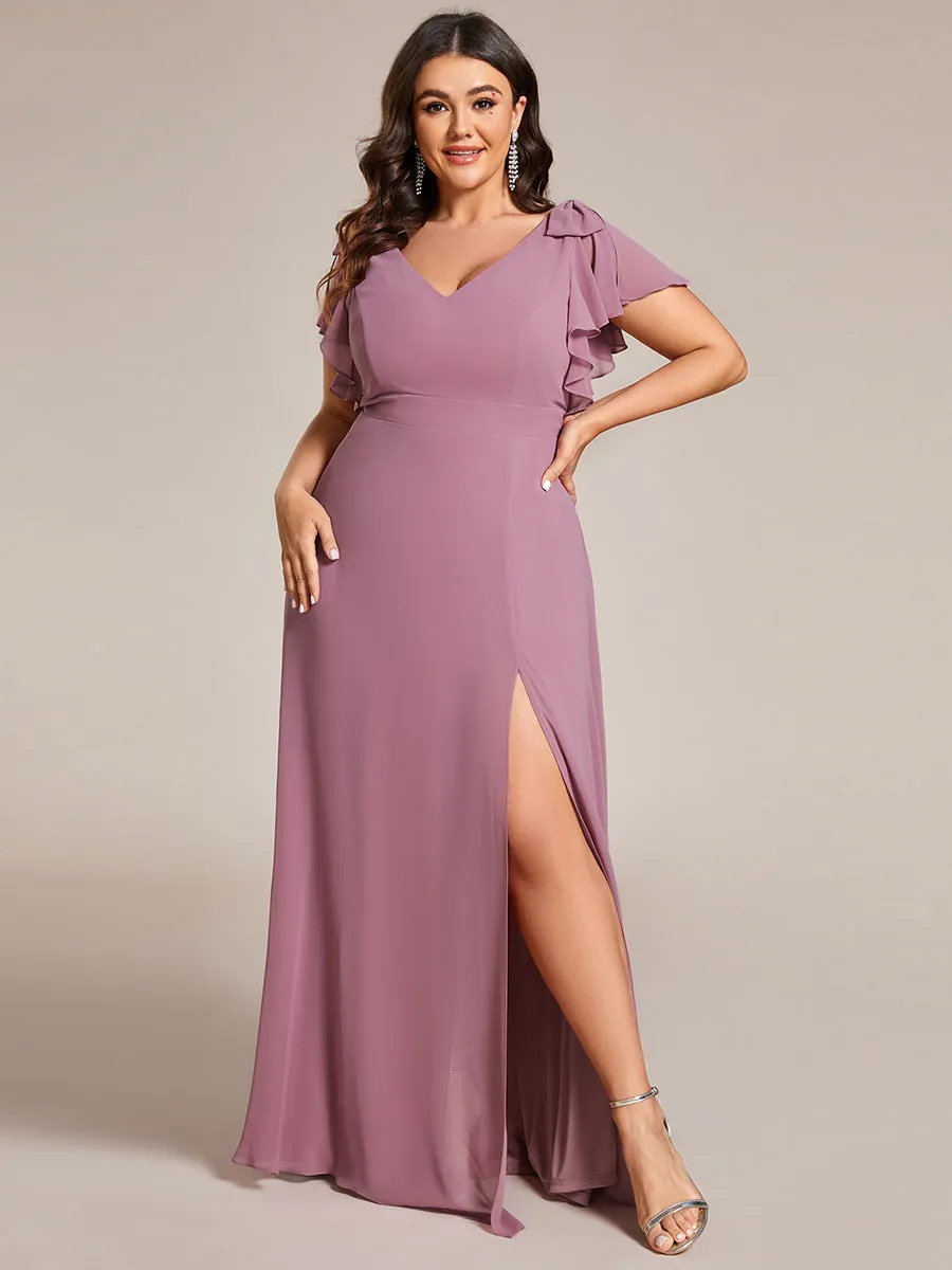 Plus Split Ruffles Sleeves with Bowknot V-neck Chiffon Bridesmaid Dress