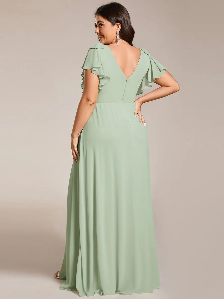 Plus Split Ruffles Sleeves with Bowknot V-neck Chiffon Bridesmaid Dress