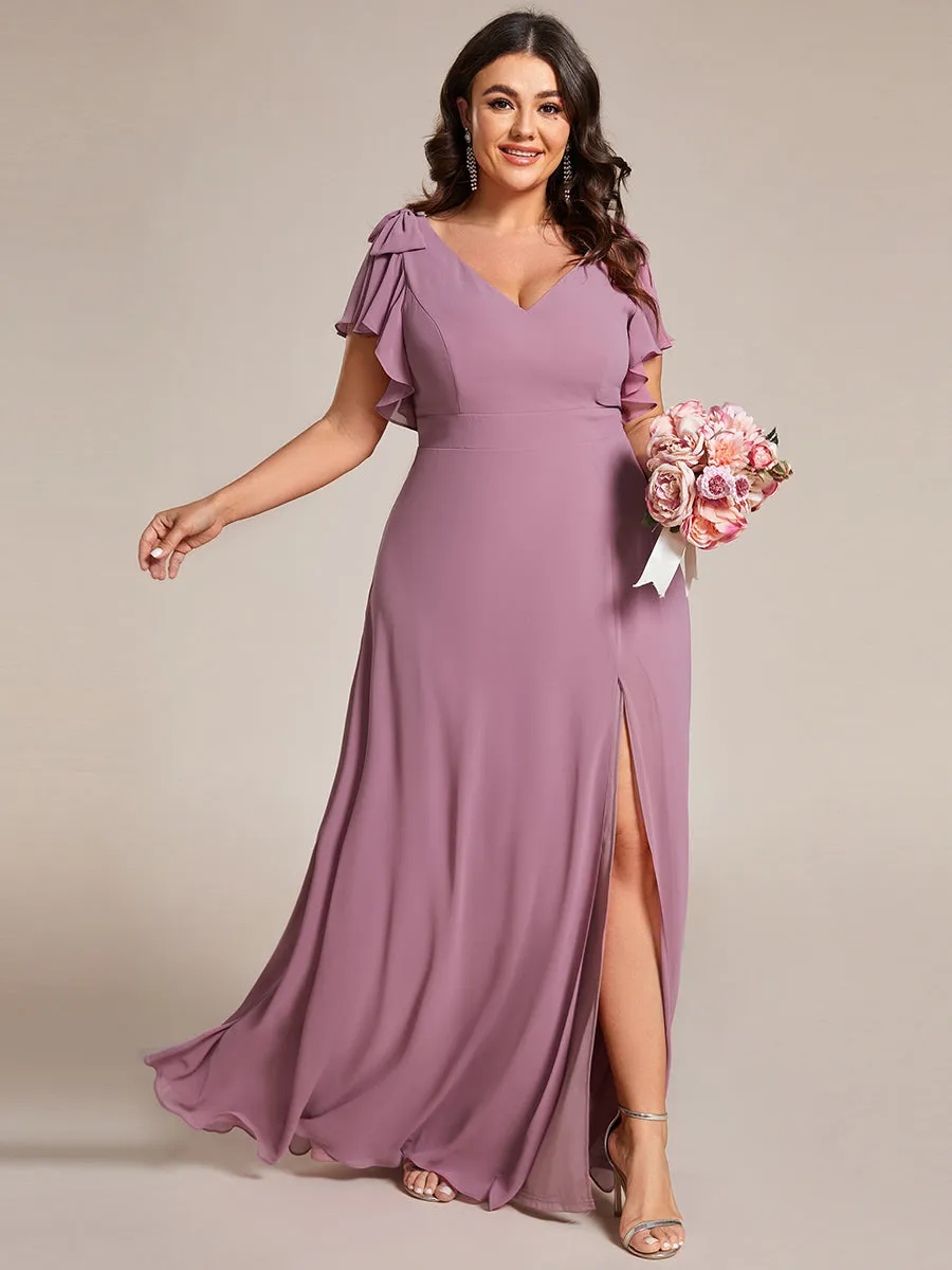 Plus Split Ruffles Sleeves with Bowknot V-neck Chiffon Bridesmaid Dress