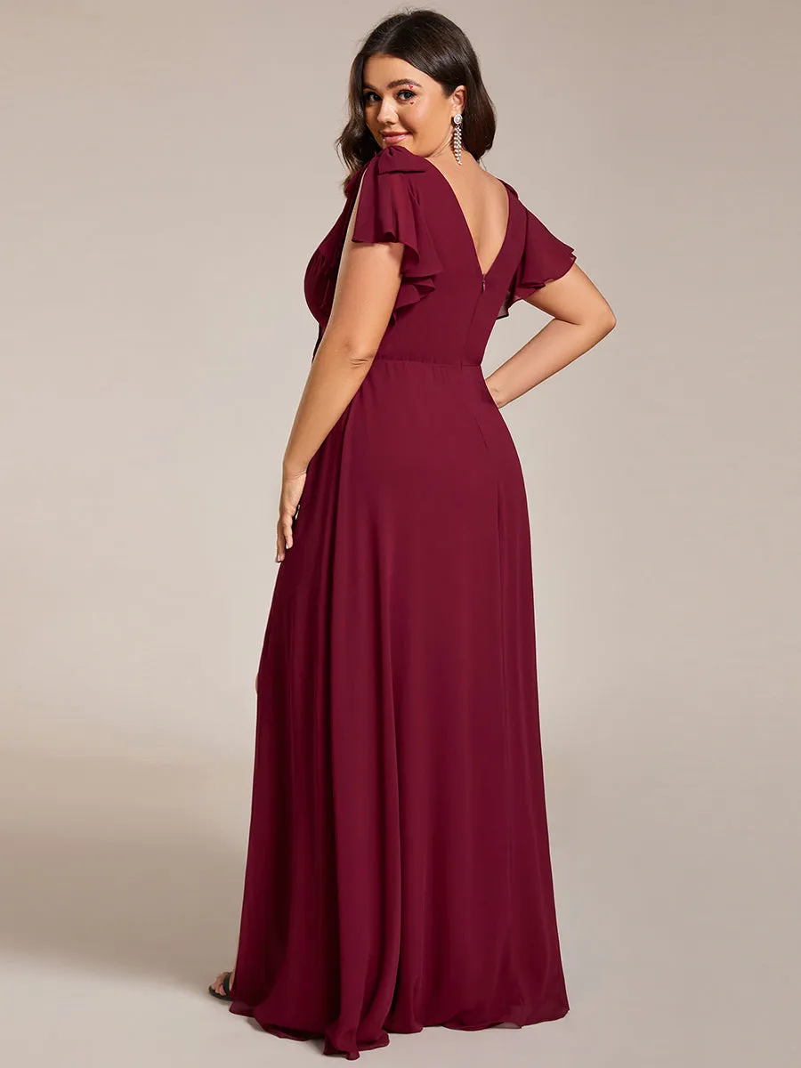 Plus Split Ruffles Sleeves with Bowknot V-neck Chiffon Bridesmaid Dress