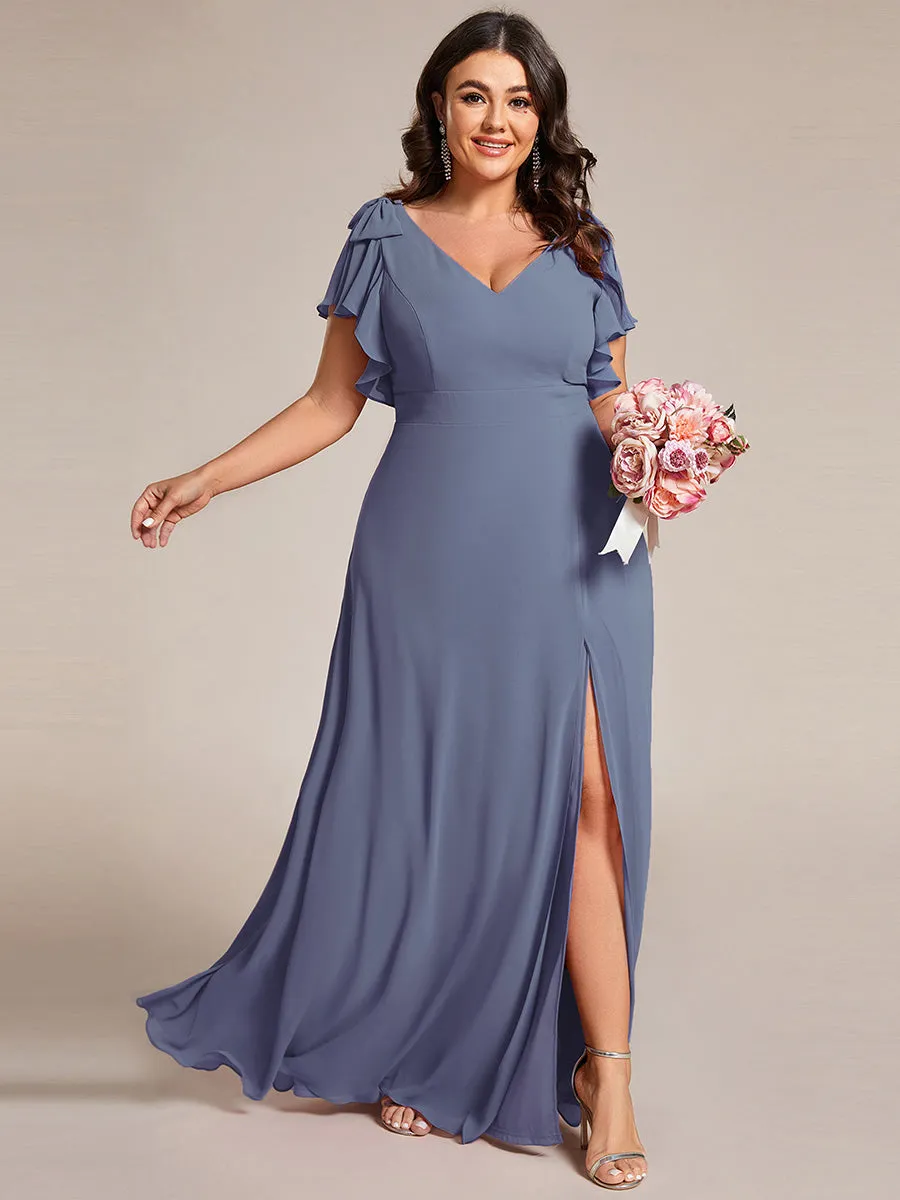 Plus Split Ruffles Sleeves with Bowknot V-neck Chiffon Bridesmaid Dress