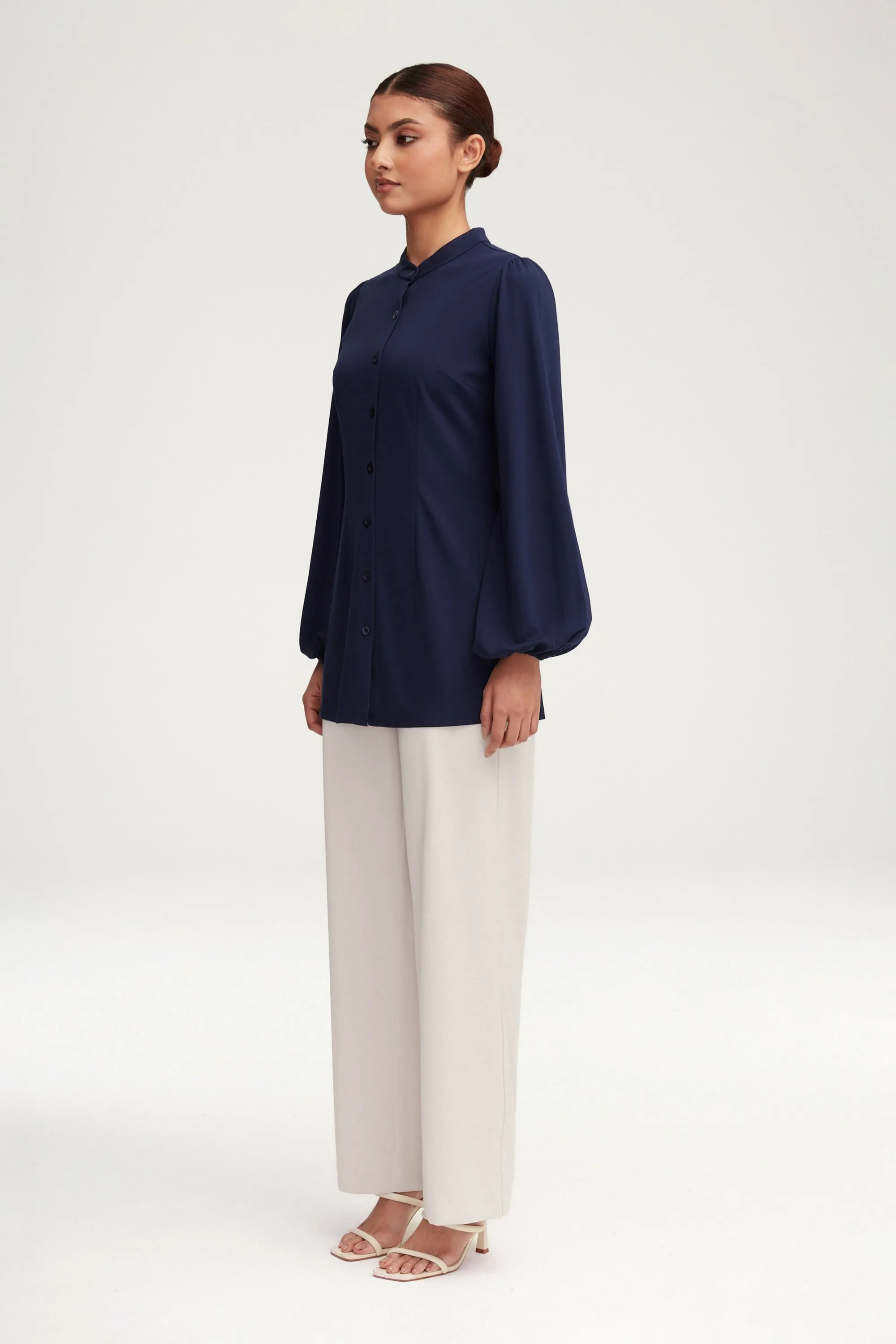 Rayana Jersey Button Down Top - Navy Blue