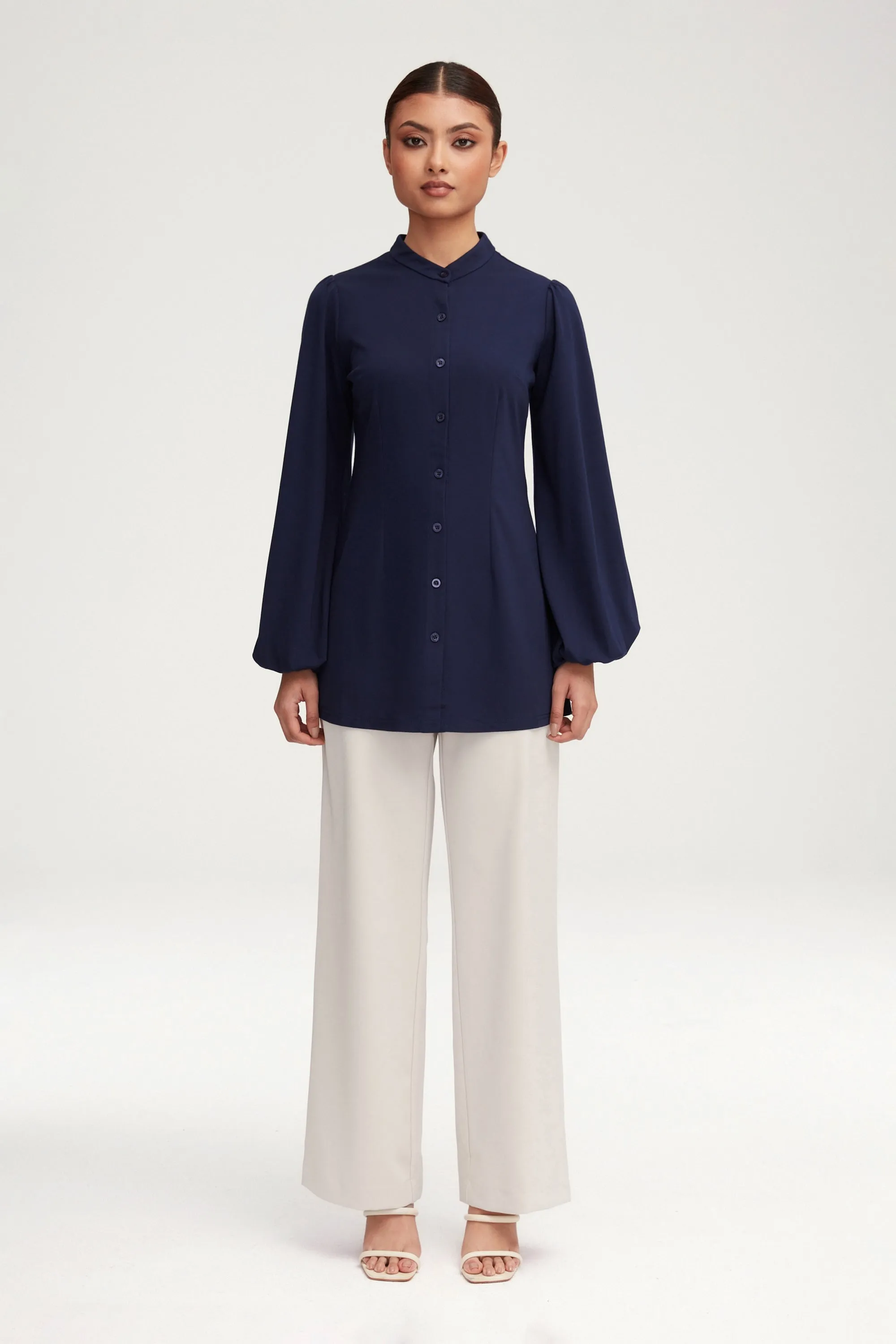 Rayana Jersey Button Down Top - Navy Blue