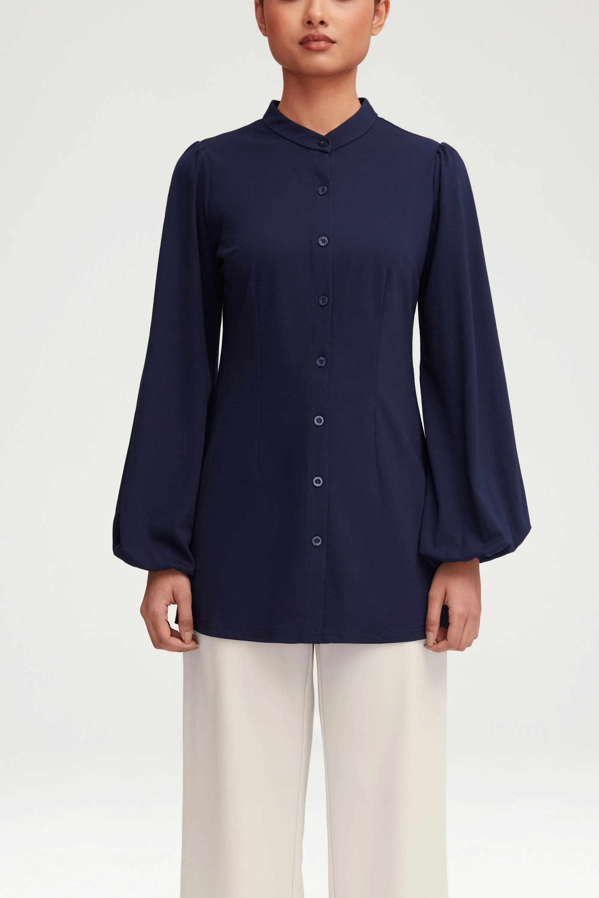 Rayana Jersey Button Down Top - Navy Blue