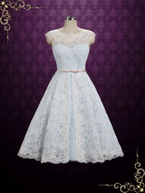 Ready to Wear Ice Blue Vintage Lace Tea Length Wedding Dress SHANNON