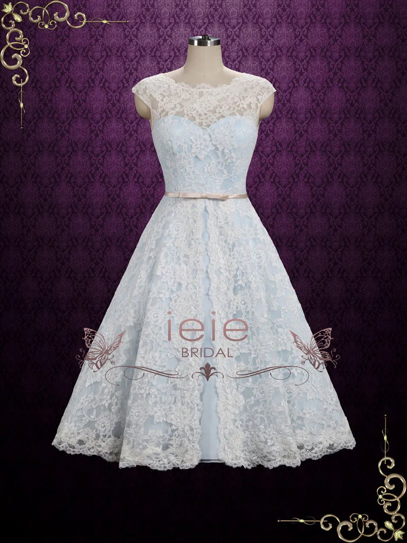 Ready to Wear Ice Blue Vintage Lace Tea Length Wedding Dress SHANNON