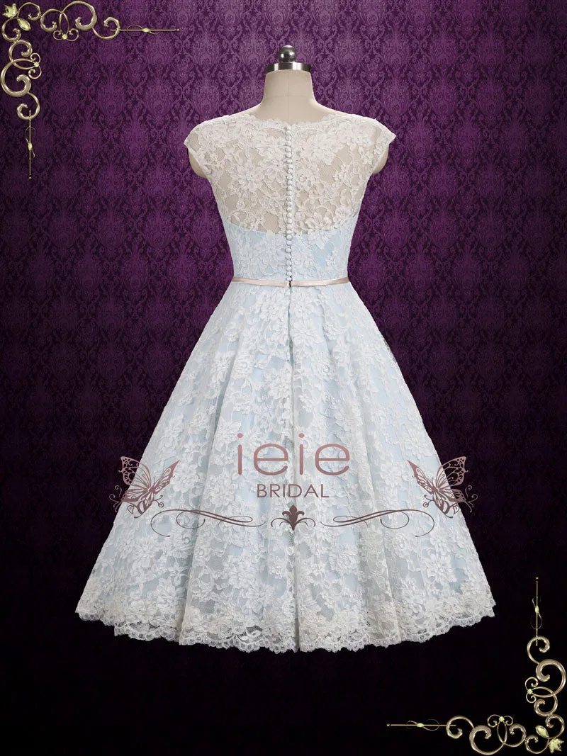 Ready to Wear Ice Blue Vintage Lace Tea Length Wedding Dress SHANNON