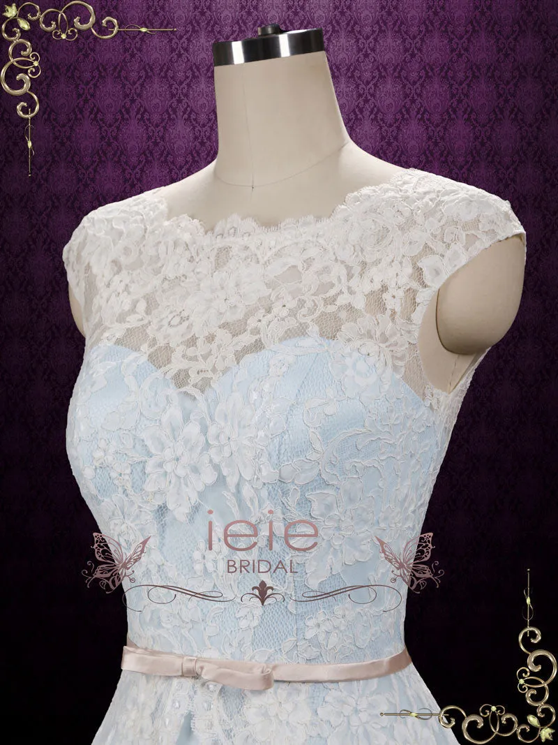 Ready to Wear Ice Blue Vintage Lace Tea Length Wedding Dress SHANNON