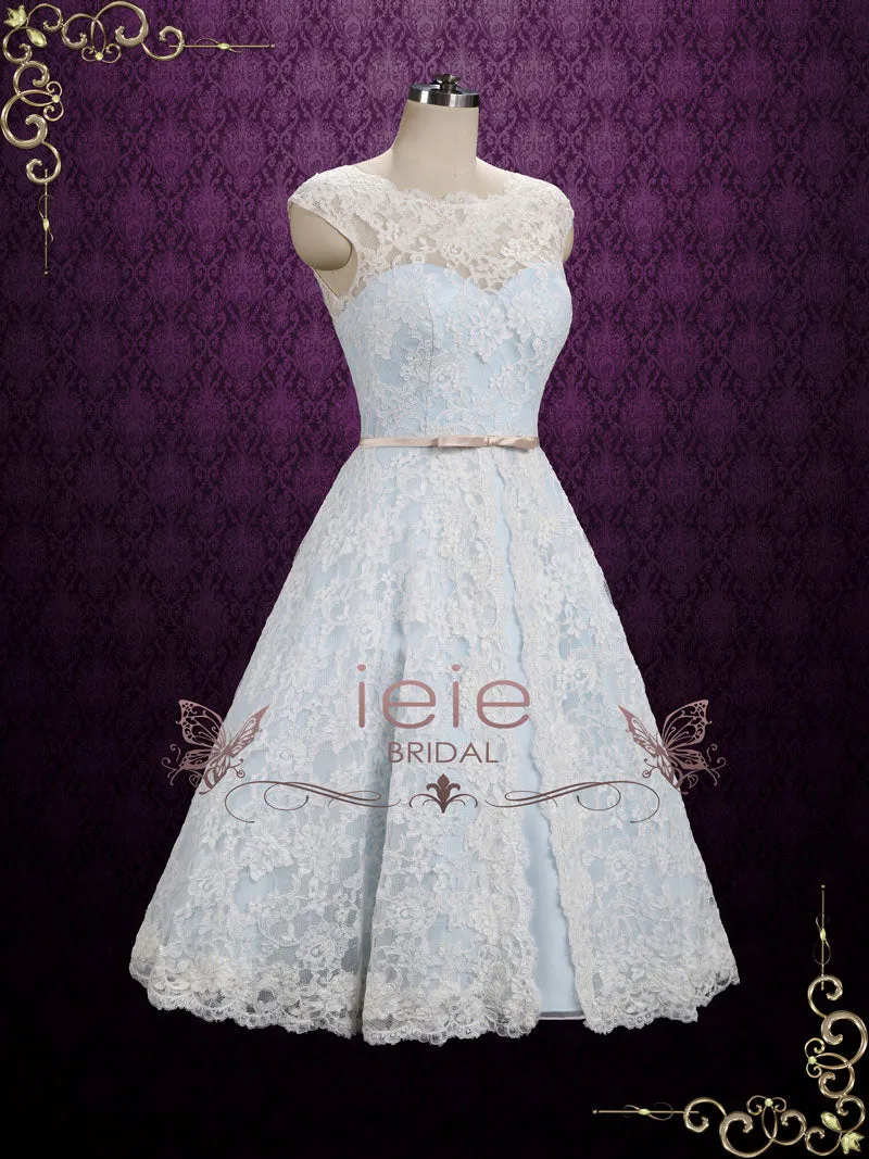 Ready to Wear Ice Blue Vintage Lace Tea Length Wedding Dress SHANNON