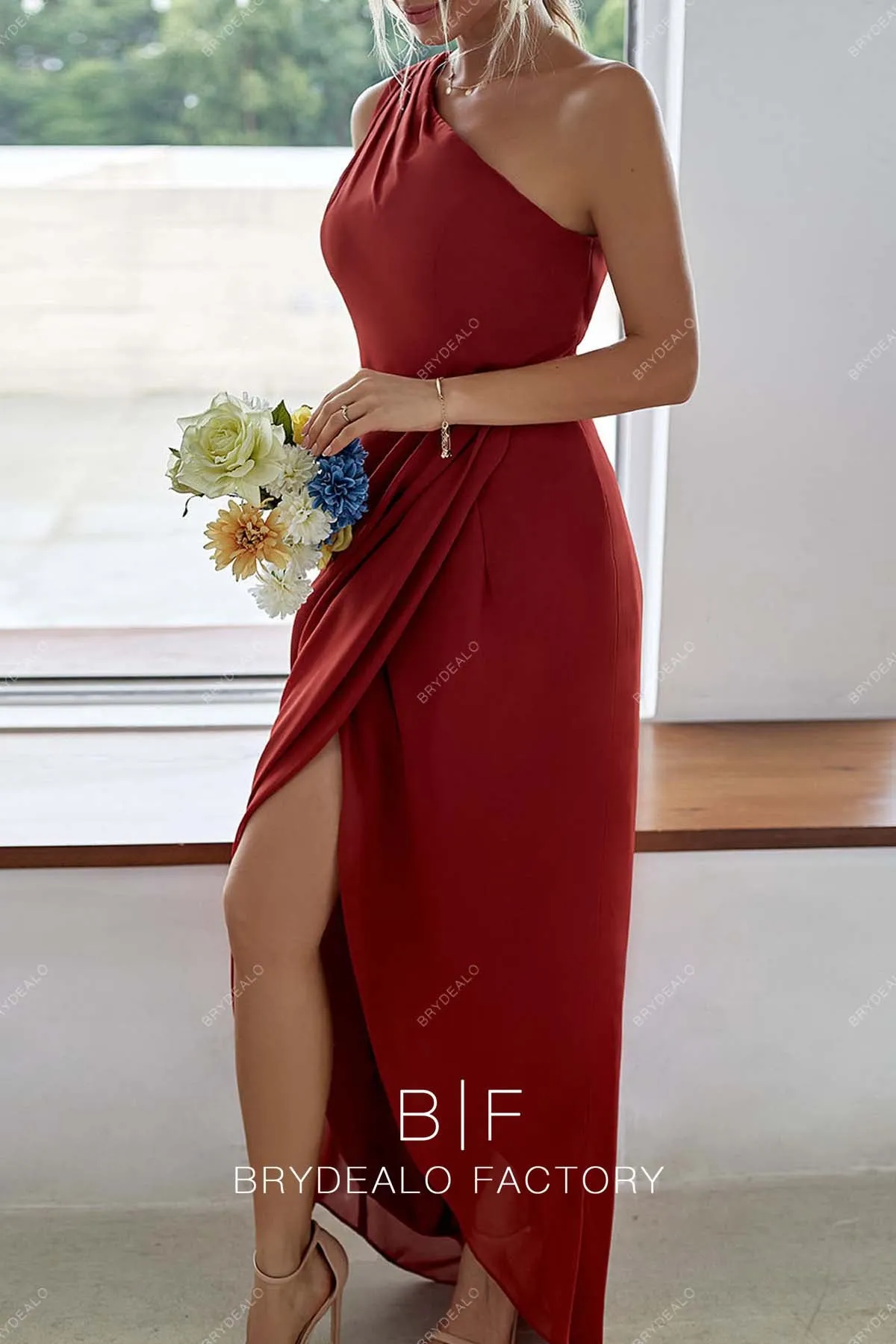 Red Chiffon One Shoulder Sexy Slit A-line Dress