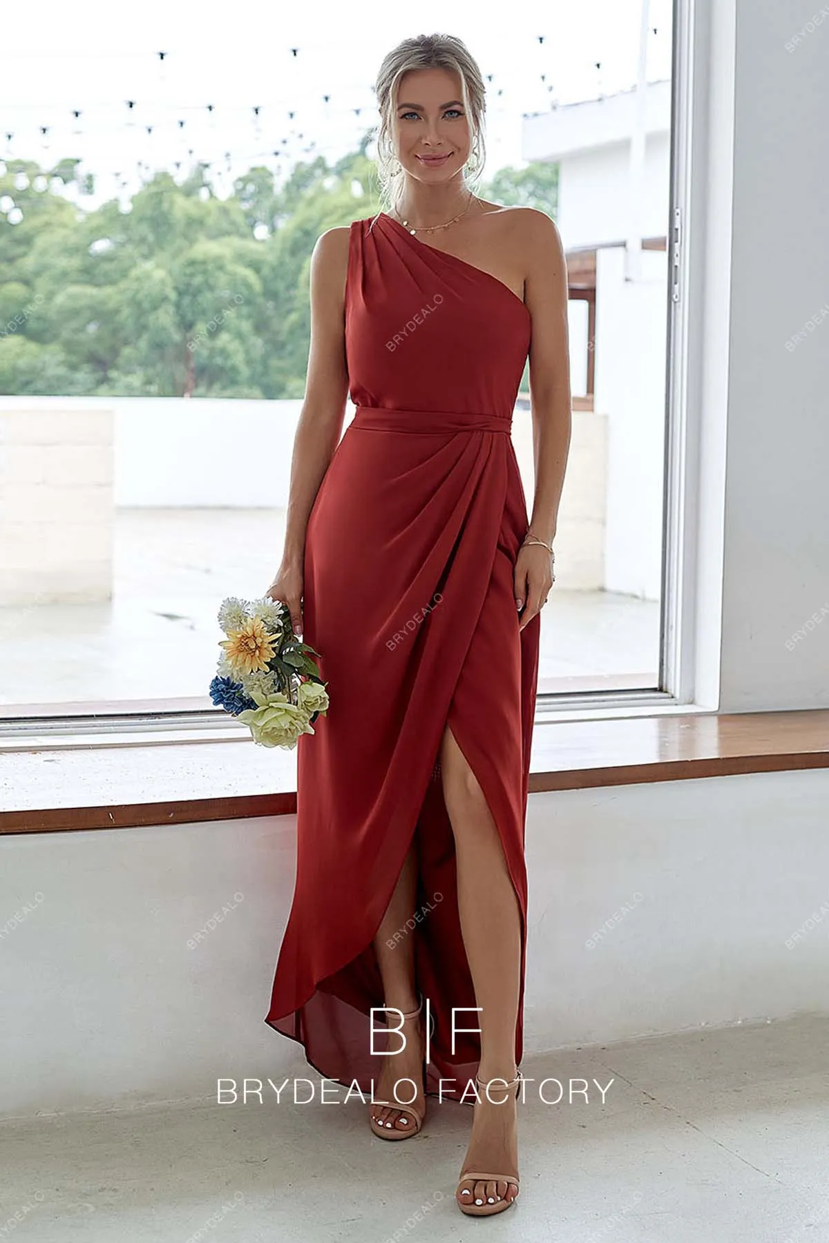 Red Chiffon One Shoulder Sexy Slit A-line Dress