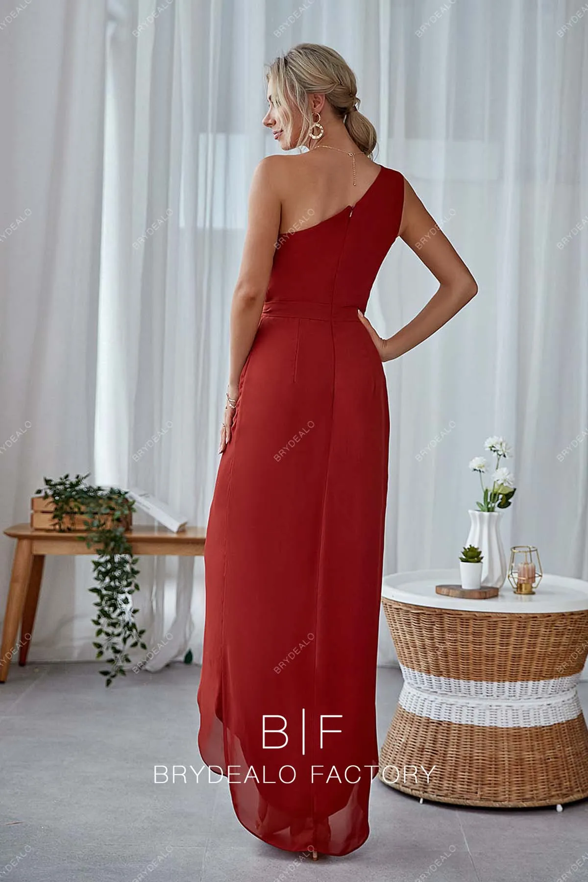 Red Chiffon One Shoulder Sexy Slit A-line Dress