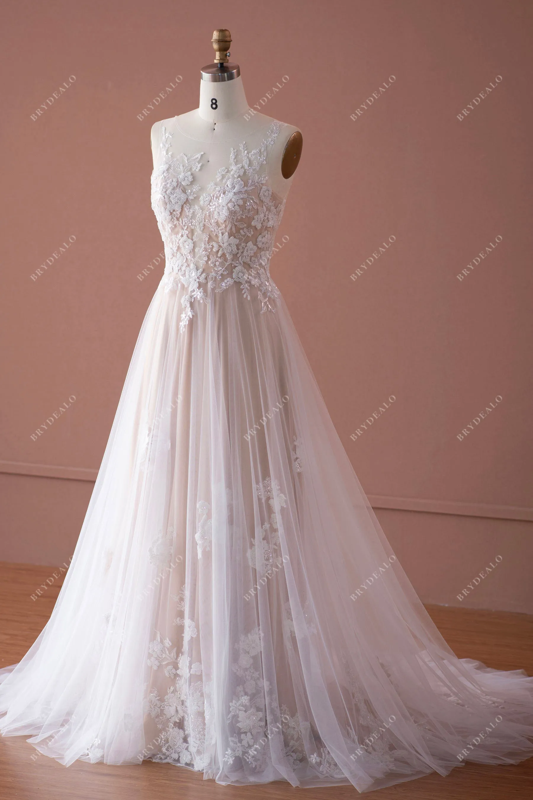 Romantic Beaded Lace Illusion Neck Nude Beige Wedding Dress